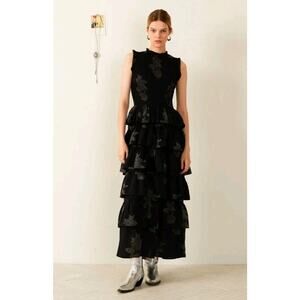 NWT Alix of Bohemia Cabana Ebony Marigold Midi Tier Dress Sz L Boho Party Event